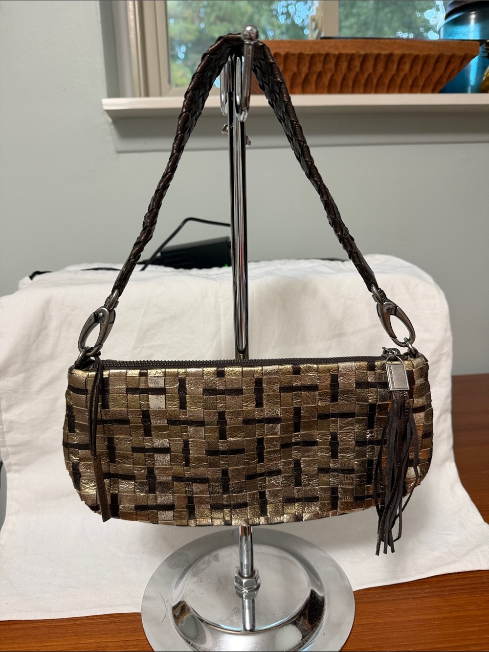 Elliott Lucca Metallic Woven Clutch in Brown and Gold